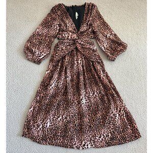 Ranna Gill Dress Leopard Print Puff Sleeve‎ Cutout Deep V Midi Animal Print